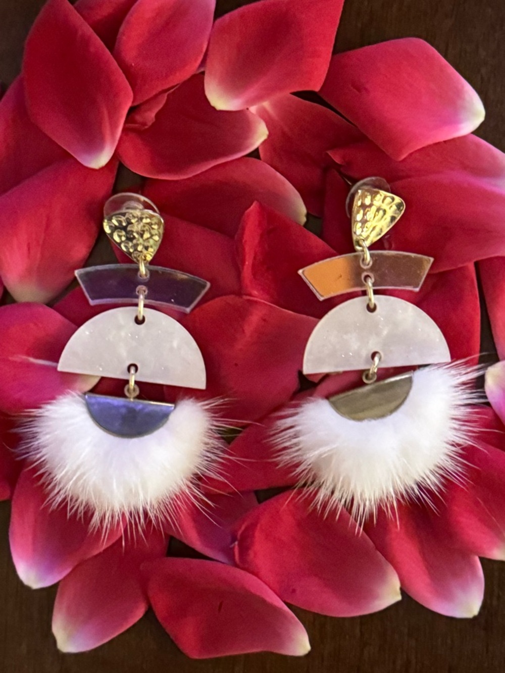 Hammered Gold , Iridescent, Shimmery White, White Fur & Gold Statement Earrings